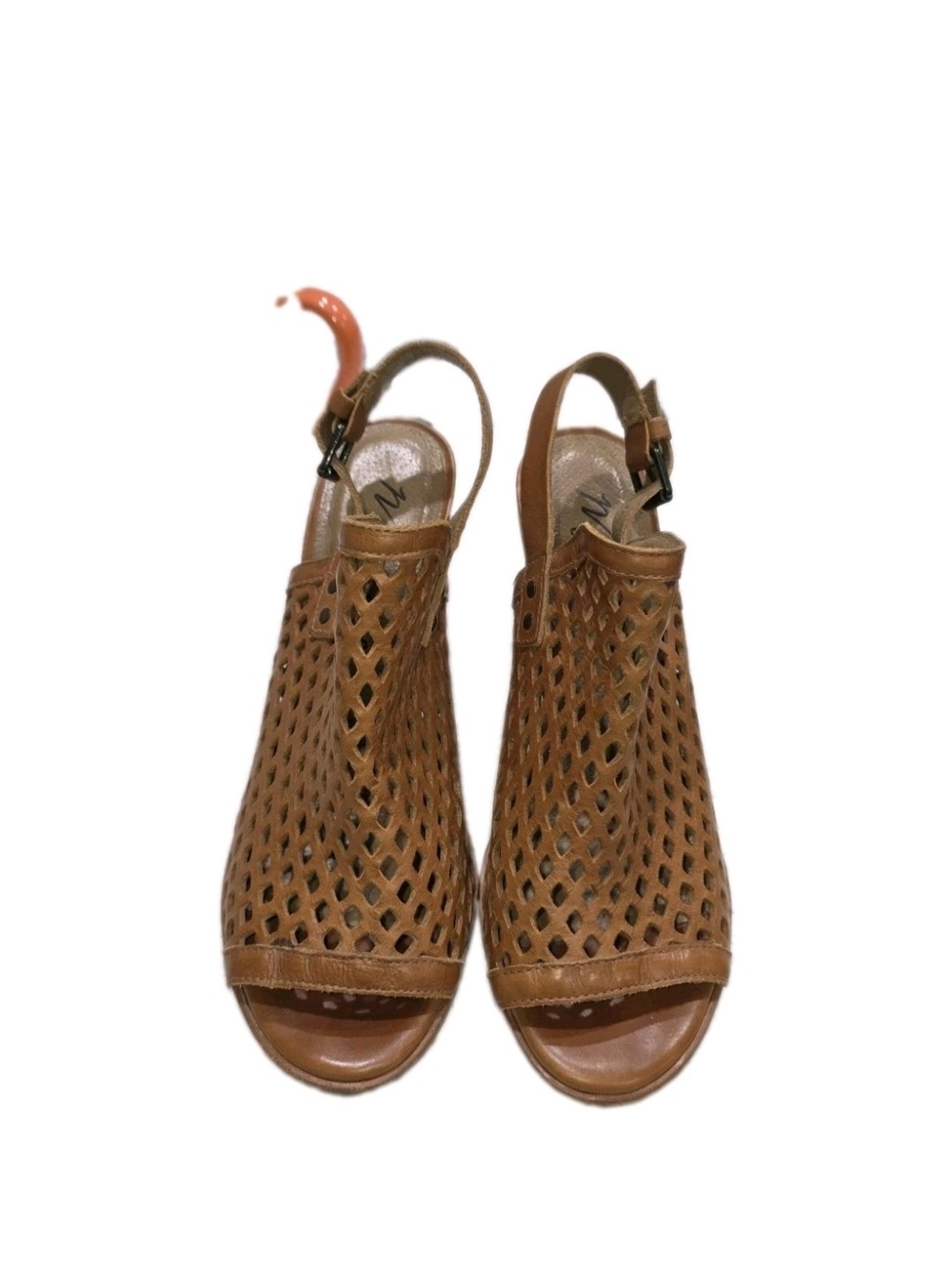 Matisse Centered Tan Perforated Leather Caged Block Heel Sandals Peep Toe